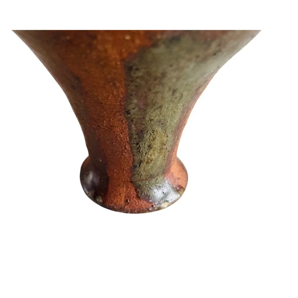 Signed Studio Pottery Vase Earthy Brown Green Glaze Hand Thrown Ceramic 7.75